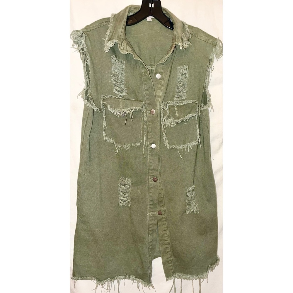 36Point5 Women's Tattered Distressed Tattered Denim Jean Vest Green Medium New